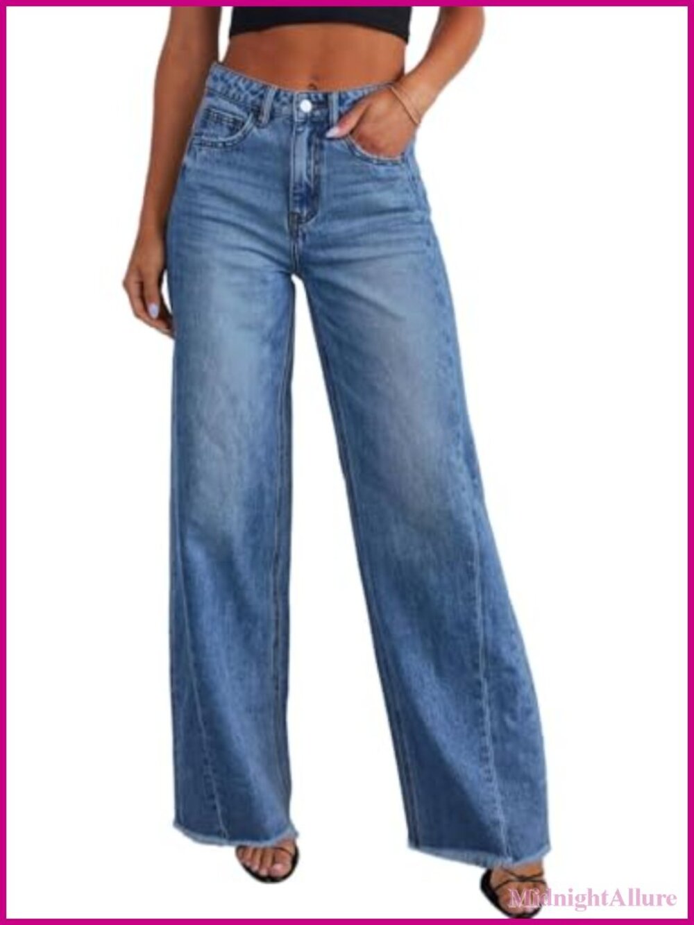 Wide Leg High Waisted Raw Hem Stretchy Denim Jeans for Women